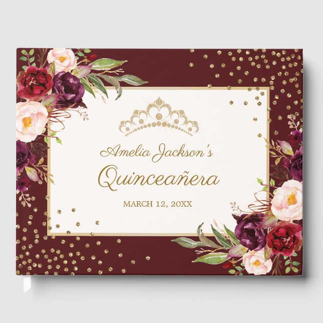 Burgundy floral Sparkle Quinceanera Guest Book (Front)