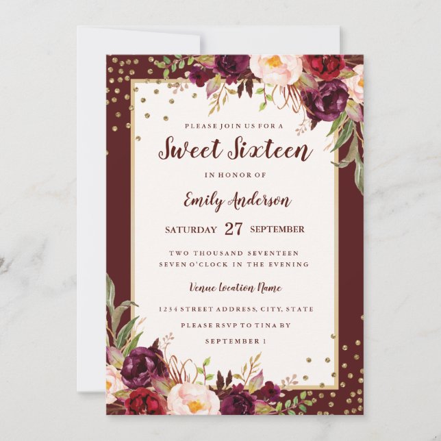 Burgundy Floral Sparkle Sweet Sixteen Invite (Front)
