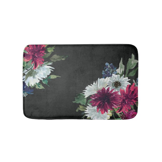 Burgundy Floral Splash on Distressed Black Bath Mat (Front)