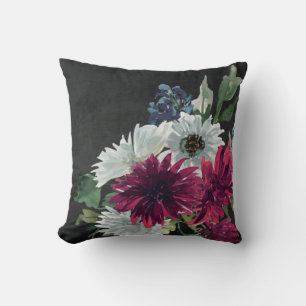 Burgundy Floral Splash on Distressed Black Cushion