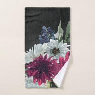 Burgundy Floral Splash on Distressed Black Hand Towel