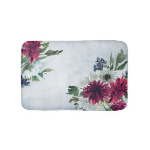 Burgundy Floral Splash on Grey Bath Mat