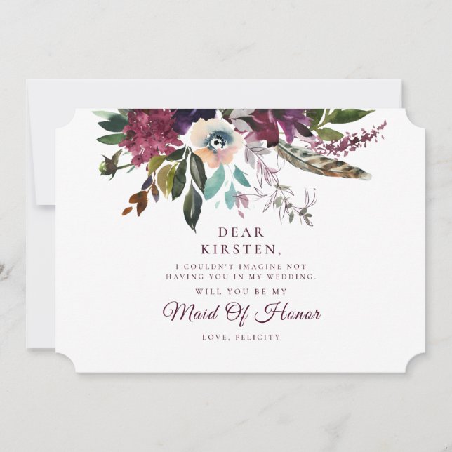 Burgundy Floral Splendour Maid Of Honour Proposal Invitation (Front)