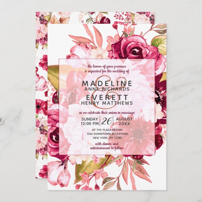 Burgundy Floral Square Frame Wedding Invitation (Front/Back)