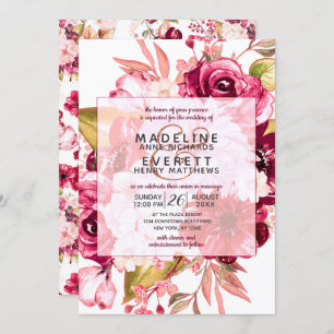 Burgundy Floral Square Frame Wedding Invitation