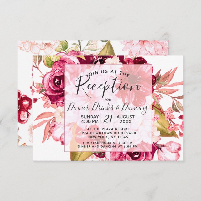 Burgundy Floral Square Frame Wedding Reception Invitation (Front/Back)