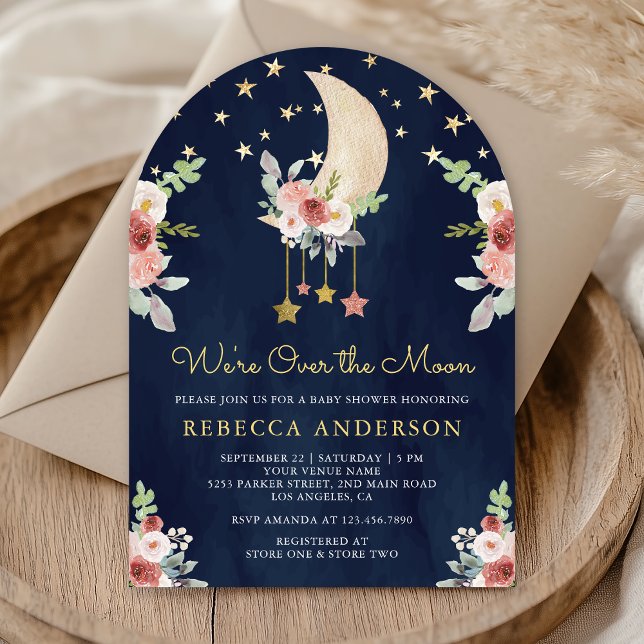 Burgundy Floral Stars Moon Arch Navy Baby Shower Invitation (Creator Uploaded)