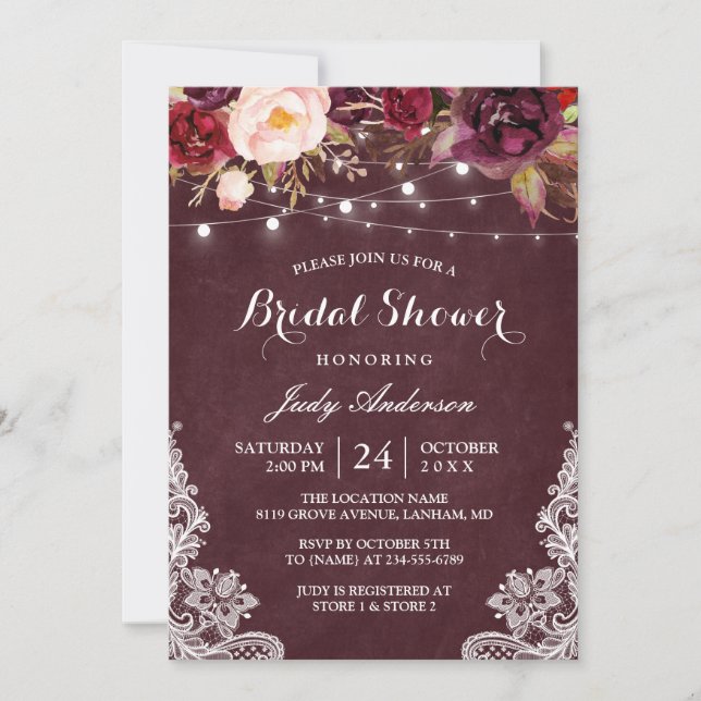 Burgundy Floral String Lights Lace Bridal Shower Invitation (Front)