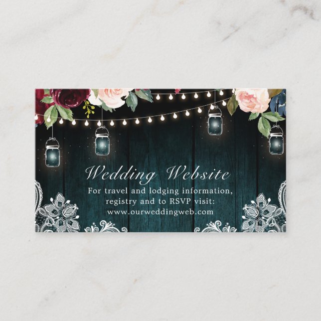 Burgundy Floral String lights Mason Jar Wedding  E Enclosure Card (Front)