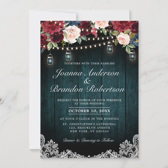 Burgundy Floral String lights Mason Jar Wedding Invitation (Front)
