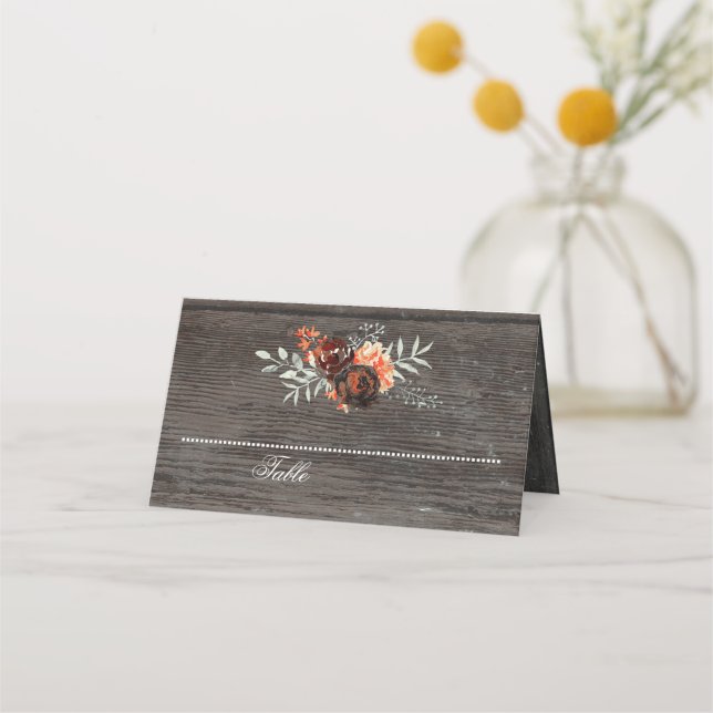 Burgundy Floral String Lights Rustic Wood Place Card (Front)