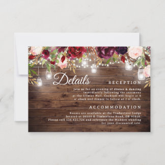 Burgundy Floral String Lights Wedding Details Card