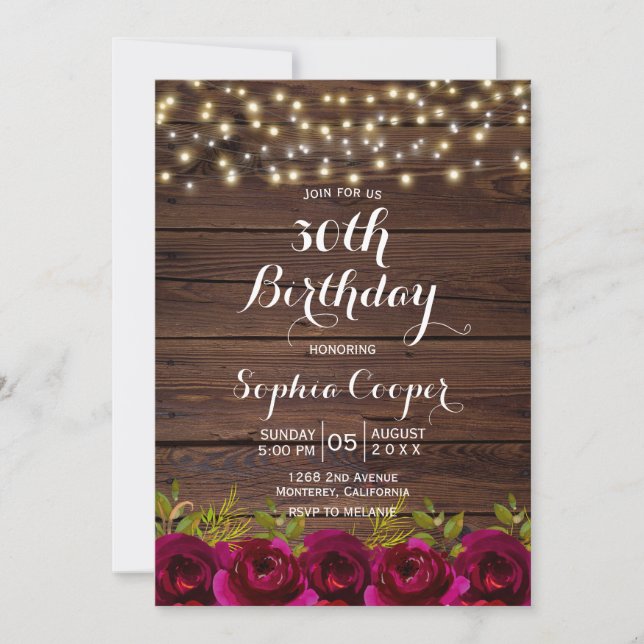Burgundy Floral String Lights Wood 30th Birthday Invitation (Front)