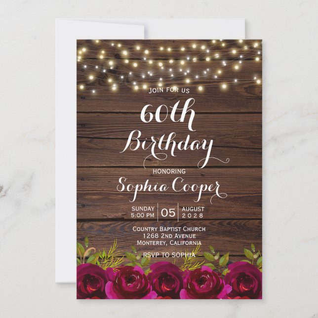 Burgundy Floral String Lights Wood 60th Birthday Invitation (Front)