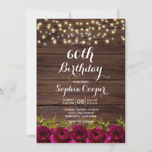 Burgundy Floral String Lights Wood 60th Birthday Invitation