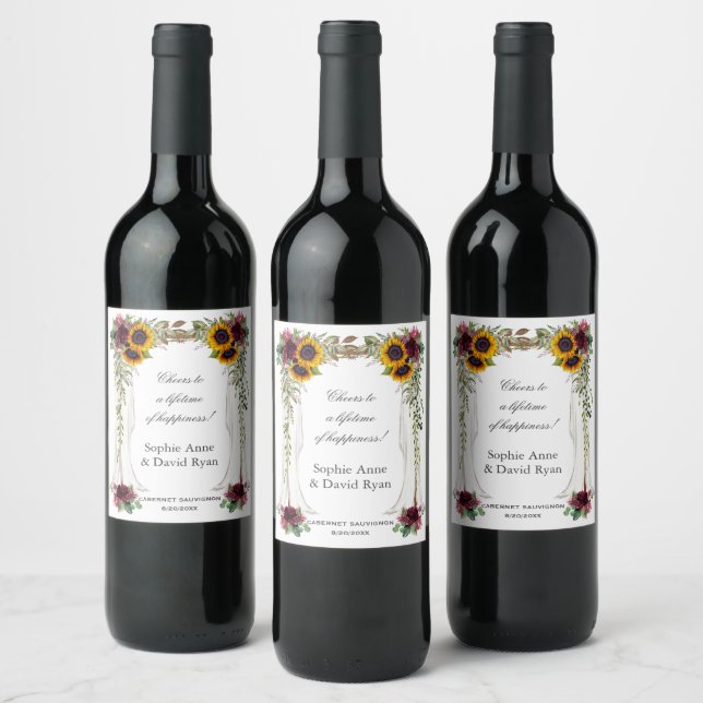 Burgundy Floral Sunflowers Canopy Wedding Wine Label (Bottles)