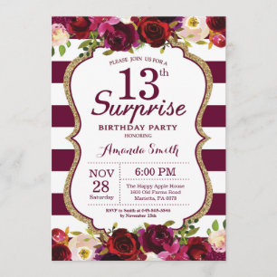 Burgundy Floral Surprise 13th Birthday Party Invitation