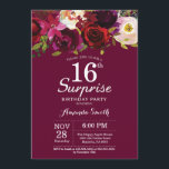 Burgundy Floral Surprise 16th Birthday Party Invitation<br><div class="desc">Burgundy Floral Surprise 16th Birthday Party Invitation for Girl Lady Teen Teenage. Burgundy Red Birthday Party Invite. Burgundy Watercolor Floral Flower. 13th 15th 16th 18th 20th 21st 30th 40th 50th 60th 70th 80th 90th 100th. For further customisation, please click the "Customise it" button and use our design tool to modify...</div>