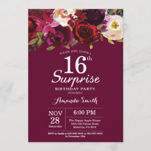 Burgundy Floral Surprise 16th Birthday Party Invitation