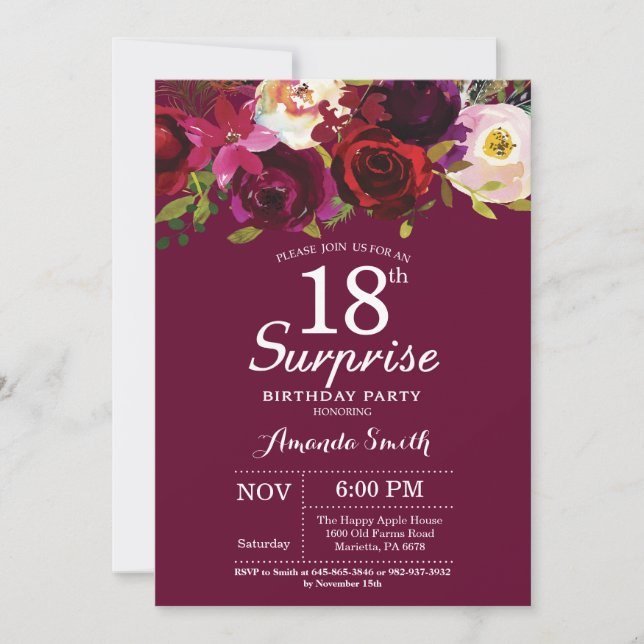 Burgundy Floral Surprise 18th Birthday Party Invitation (Front)