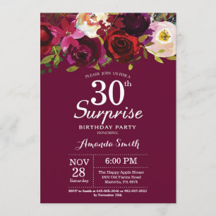 Burgundy Floral Surprise 30th Birthday Party Invitation
