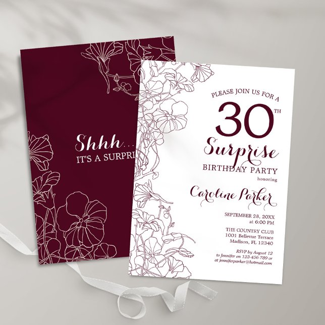 Burgundy Floral Surprise 30th Birthday Party Invitation (Creator Uploaded)