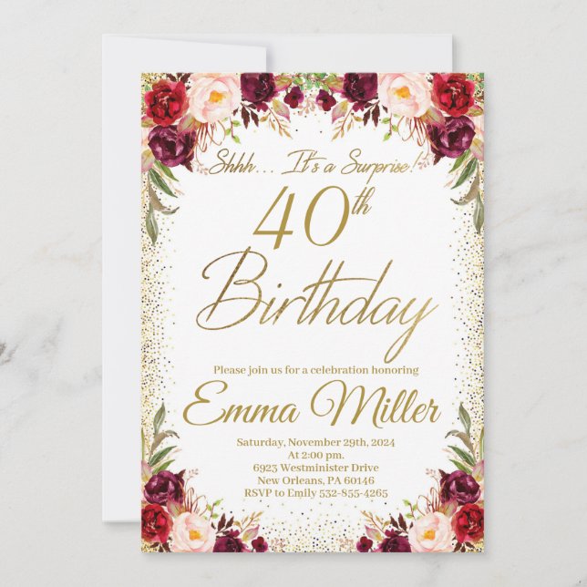 Burgundy Floral Surprise 40th Birthday Invitation (Front)