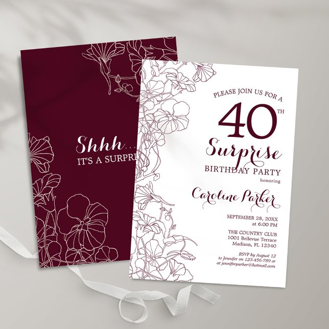 Burgundy Floral Surprise 40th Birthday Party Invitation (Creator Uploaded)