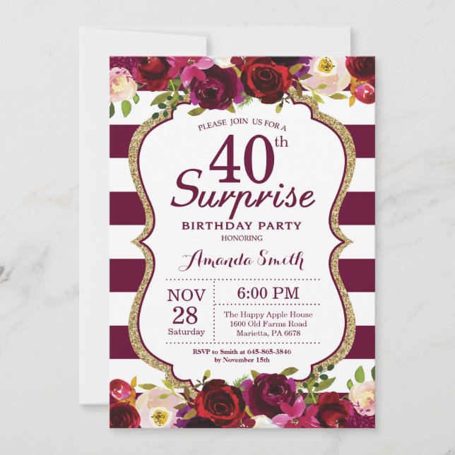 Burgundy Floral Surprise 40th Birthday Party Invitation (Front)