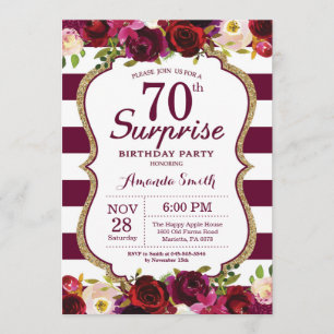 Burgundy Floral Surprise 70th Birthday Party Invitation