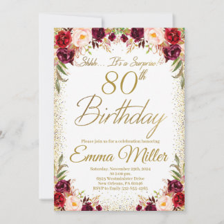 Burgundy Floral Surprise 80th Birthday Invitation