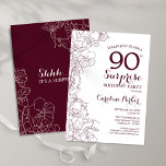 Burgundy Floral Surprise 90th Birthday Party Invitation<br><div class="desc">Burgundy and white floral surprise 90th birthday party invitation. Elegant modern marsala wine maroon design featuring botanical accents and typography script font. Simple floral invite card perfect for a stylish female surprise bday celebration. Can be customised to any age. Printed Zazzle invitations or instant download digital printable template.</div>