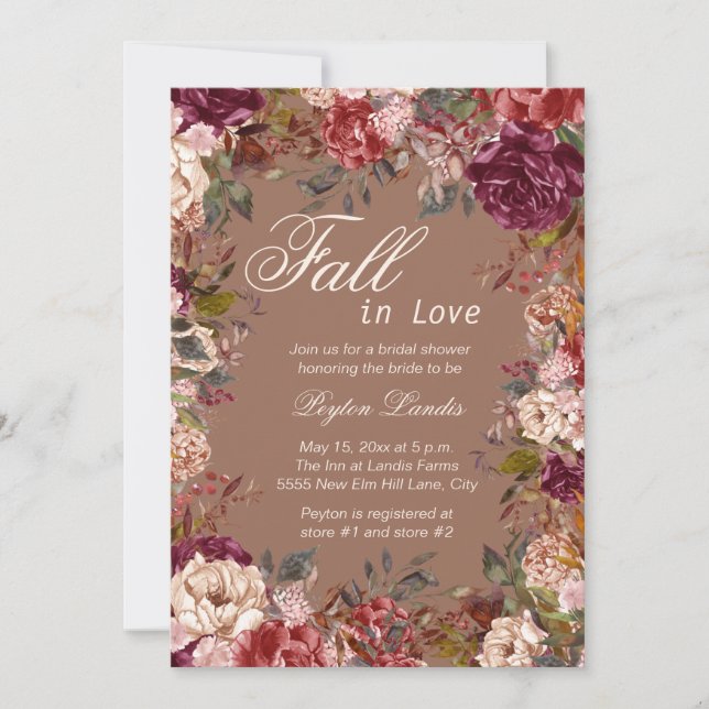 Burgundy Floral Taupe Fall in Love Bridal Shower Invitation (Front)