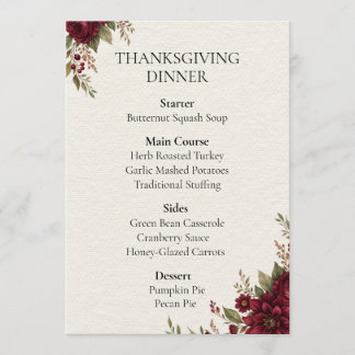 Burgundy Floral Thanksgiving Dinner Menu