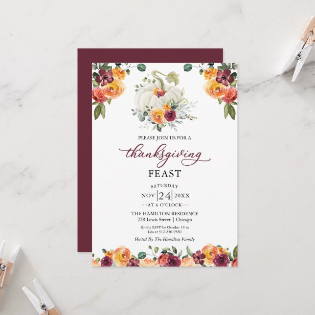Burgundy Floral Thanksgiving Feast Invitation (Front/Back In Situ)