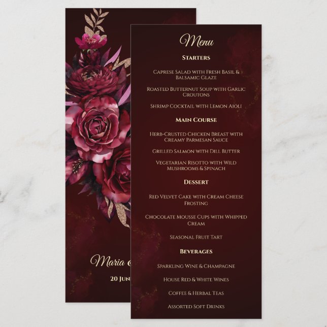 Burgundy Floral Traditional Wedding Menu (Front/Back)