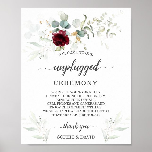 Burgundy Floral Unplugged Wedding Ceremony Sign (Front)