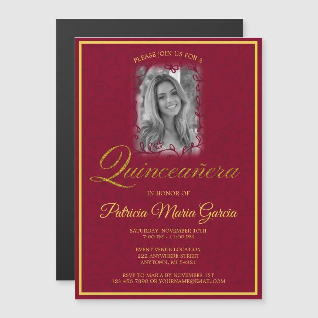Burgundy floral vines photo quinceanera magnetic invitation (Front/Back)