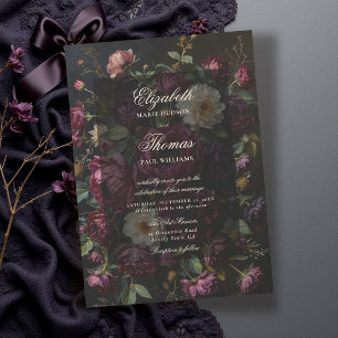 Burgundy Floral Vintage Dark Romantic Mood Wedding Invitation