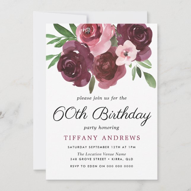 Burgundy Floral Watercolor 60th Birthday Invite (Front)