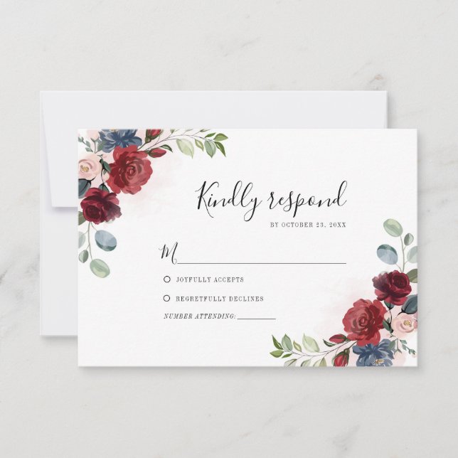 Burgundy Floral Watercolor Botanical Wedding RSVP Card (Front)