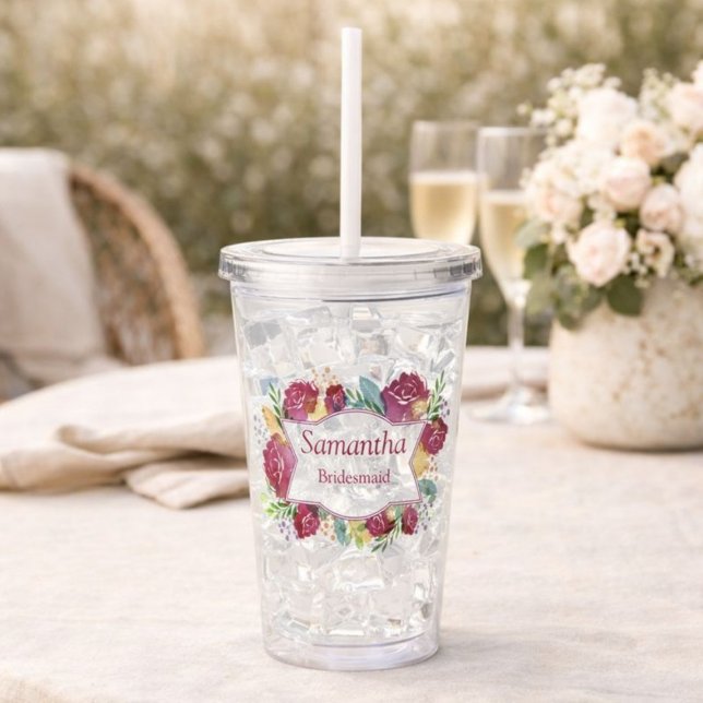 Burgundy Floral Watercolor Bridesmaid Acrylic Tumbler (Creator Uploaded)