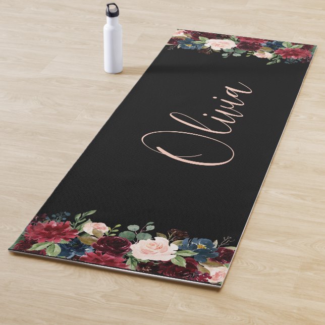 Burgundy Floral Watercolor Elegant Name Modern Yoga Mat (In Situ)