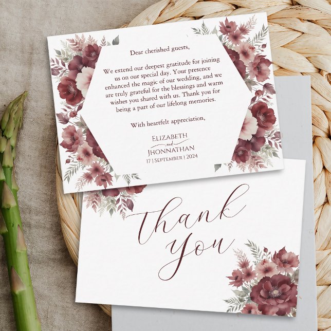 Burgundy Floral Watercolor Fall Wedding Thank You Card (Creator Uploaded)