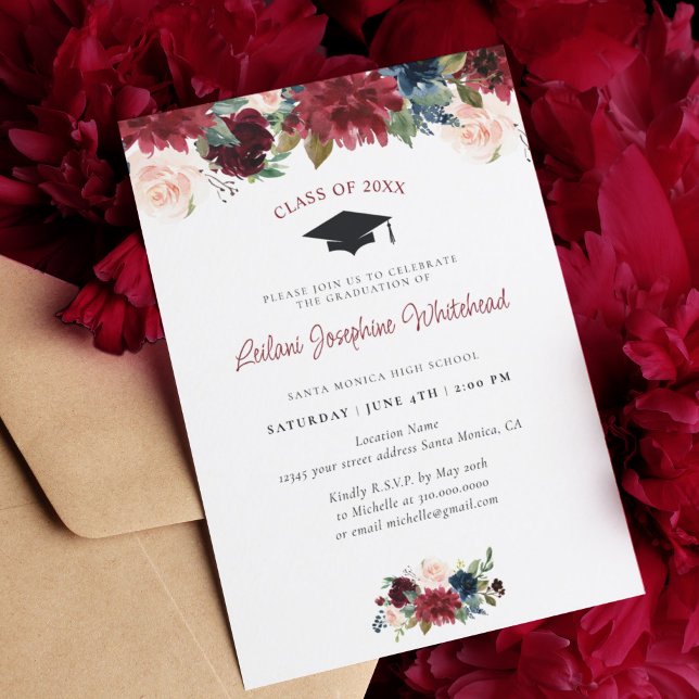 Burgundy Floral Watercolor Graduation Party Invitation (Creator Uploaded)