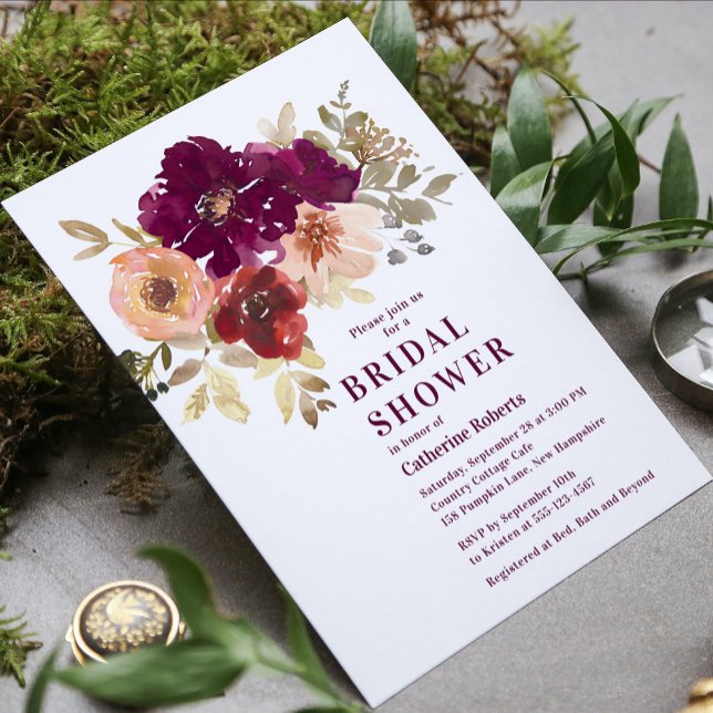 Burgundy Floral Watercolor Modern Bridal Shower Invitation (Creator Uploaded)