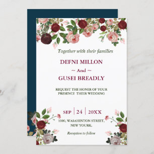 Burgundy floral watercolor navy blue wedding invitation
