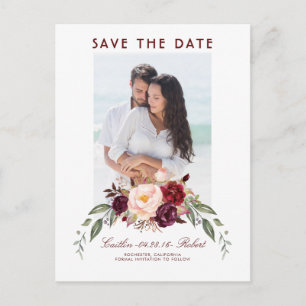Burgundy Floral Watercolor Photo Save the Date Announcement Postcard