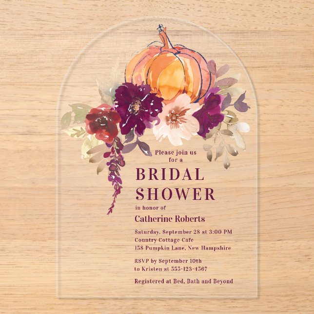 Burgundy Floral Watercolor Pumpkin Bridal Shower Acrylic Invitations (Front)