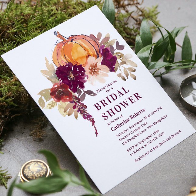 Burgundy Floral Watercolor Pumpkin Bridal Shower I Invitation (Creator Uploaded)